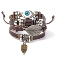 Bracciale multistrato in pelle con perline turchesi, ciondolo a civetta e occhio greco - Stile Occhio del Diavolo Gufo (RH002-5)