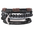 Mehrlagiges Herren-Lederarmband mit silbernem Ankeranhänger und matten schwarzen Perlen - Mehrlagiges Retro-Anker-Armband-Set (Bildfarbe)