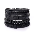 Schwarzes mehrlagiges Lederarmband-Set für Herren mit Holzperlen und geflochtenen Details - Schwarz