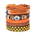 Mehrlagiges Boho-Lederarmband-Set mit blauem Evil Eye und gewebten Texturen - Böser Blick Mehrlagiges Set (Bildfarbe)