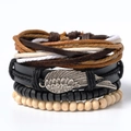 Set braccialetti multistrato in pelle intrecciata con perline in legno e ciondolo ala - Predefinito