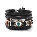 Set di quattro bracciali in pelle nera intrecciata con occhio blu e perline di legno - Combo Malocchio (RH041)