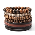 Men's multilayer set with natural coconut wood beads and vintage leather cord bracelets - Vintage Multilayer Leather Wood Bead Combo (RH023)
