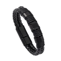 Men's double-layered black woven leather bracelet with matte magnetic clasp and metal rings - 21cm Black Clasp / Black