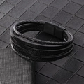 Détail d'un bracelet multicouche en cuir tressé noir avec fermoir magnétique en métal - 21cm Cuir Noir Boucle Noire