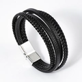 Détail du bracelet multicouche en cuir tressé pour hommes avec fermoir magnétique argent - Cuir Noir Fermoir Argenté