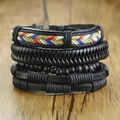 Bracciale multistrato vintage da uomo in pelle con perline di legno nero su legno - Set di 4 Pezzi (RH061)