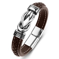 Detail of dark brown leather bracelet with infinity knot and magnetic steel clasp - Brown