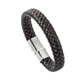 Men's multi-layer black braided leather bracelet with silver magnetic buckle on white background - Black Leather Brown Thread