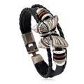Bracciale multistrato in pelle intrecciata retrò con ciondolo a farfalla e perline di legno - Nero
