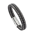 Modern multi-layer black leather woven bracelet for men with silver thread and metal clasp - Black Leather White Thread