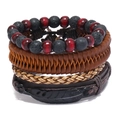 Set de pulseras de cuero multicapa retro con colgante de hoja y cuentas de lava - Juego de 4 Piezas Combinación (RH060)