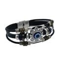 Mehrlagiges schwarzes Lederarmband mit Evil Eye Motiv und bronzefarbenen Perlen - Stil 2-Hand der Fatima Böses Auge (RH038)