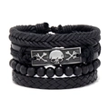 Men's black punk multi-layer leather bracelet set with skull charms and wood beads - Punk Skull Crossbones Style
