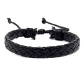 Detail view of black braided leather bracelet with adjustable drawstring closure for men - Black