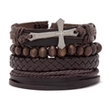 Men's multilayer leather bracelet set with dark brown wood beads and a metal cross charm - Vintage Prayer Cross Style