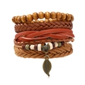 Boho-Lederarmband-Set mit gewebten Holzperlen und bronzefarbenen Blatt-Anhängern - Braune Vintage-Kombination (RH222)