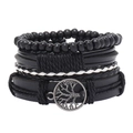 Conjunto de pulseras de cuero multicapa con dije de árbol de la vida y cuentas de madera - Negro
