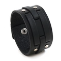 Men's wide black leather punk bracelet with silver metal rivets and snap buttons - Black
