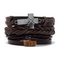 Detail of vintage multilayer braided leather bracelet with an antique metal cross charm - Hollow Out Cross Leather Style