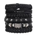 Set bracciali uomo multistrato in pelle intrecciata nera con ciondoli a punta stile punk - Nero