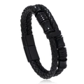 Men's double-layer black woven leather bracelet with matte black magnetic alloy clasp - Black 21.5CM