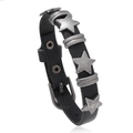 Retro black leather bracelet with silver star studs and adjustable buckle closure - Black