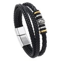 Men's multilayer braided leather bracelet with Viking engraved beads and magnetic clasp - 21.5cm / Silver Tone Magnetic Clasp Style