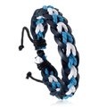 Detail of handmade braided leather and wax cord bracelet with adjustable pull-string closure - Blue White Black Braided Style (RH228-6)