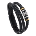 Men's double-layer braided leather bracelet with vintage engraved metal beads and magnetic clasp - 21.5cm / Black Magnetic Clasp Style