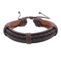 Men's double-layered braided leather bracelet in dark brown with adjustable knot closure - Dark Brown