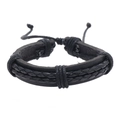 Men's double-layered braided leather bracelet with adjustable rope cord in black - Black