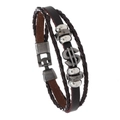 Meerlaagse heren lederen armband met dollarteken en zilveren metalen kralen - Bruin Leer