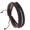 Detail of dark brown braided leather multi-layer bracelet with adjustable cord knot - Brown