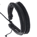 Detail of multi-layer hand-woven black leather bracelet with adjustable braided drawstring - Black