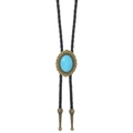 Detail of vintage bronze bolo tie slide with sky blue turquoise stone on black cord - Sky Blue Spiral Style (03)
