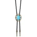 Detailed view of vintage bronze bolo tie with oval blue turquoise stone and braided cord - Openwork Flower Edge Style (01)