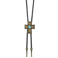 Vintage western bolo tie with bronze cross pendant and turquoise stone on black cord - Antique Bronze Cross Style (01)