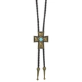 Close-up of vintage bronze cross bolo tie with turquoise stone and woven leather cord - Bronze Cross Style (02)