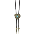 Detail of vintage heart-shaped bolo tie with turquoise stone and brown braided leather cord - Antique Distressed Heart Style (04)