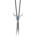Vintage western bolo tie with silver bull skull pendant and turquoise stones on black leather - Antique Silver