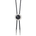 Detail of silver sunburst bolo tie with black oval stone and braided leather cord - Silver with Black Stone (04)