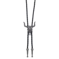 Detail of vintage bull head bolo tie with silver engraved metal slide and black cord - Antique Silver Bull Skull (01)