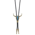 Macro detail of western bolo tie featuring carved bull skull and turquoise stones - Bronze