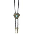 Detail of western bolo tie featuring heart-shaped blue turquoise and bronze metal tips - Vintage Brass Heart Style (03)