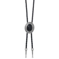 Detail of vintage bolo tie showing braided leather rope and engraved silver slider with black stone - Black Onyx Style (02)