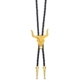 Western bolo tie featuring a golden bull skull pendant on a black braided cord - Gold Bull Skull (02)