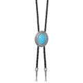Macro detail of a Western bolo tie with blue turquoise slider and ornate silver metal tips - Turquoise Style (01)