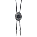 Close-up of Western bolo tie with black gemstone slider and vintage silver floral patterns - Black Agate Color Style (02)