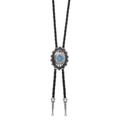 Λεπτομέρεια δυτικού bolo tie με τιρκουάζ πέτρα και χαραγμένες μεταλλικές άκρες σε ασήμι - Ρετρό Οβάλ Στυλ (03)